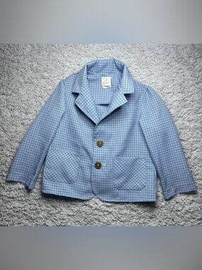 VINTAGE TODDLER TIME BLAZER Boys 3T 1970s Jacket Plaid Light Blue Micro Check